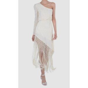 NWT $2900 Johanna Ortiz Sevillana Tan Sonriente Silk Fringe Dress Beige Size 10